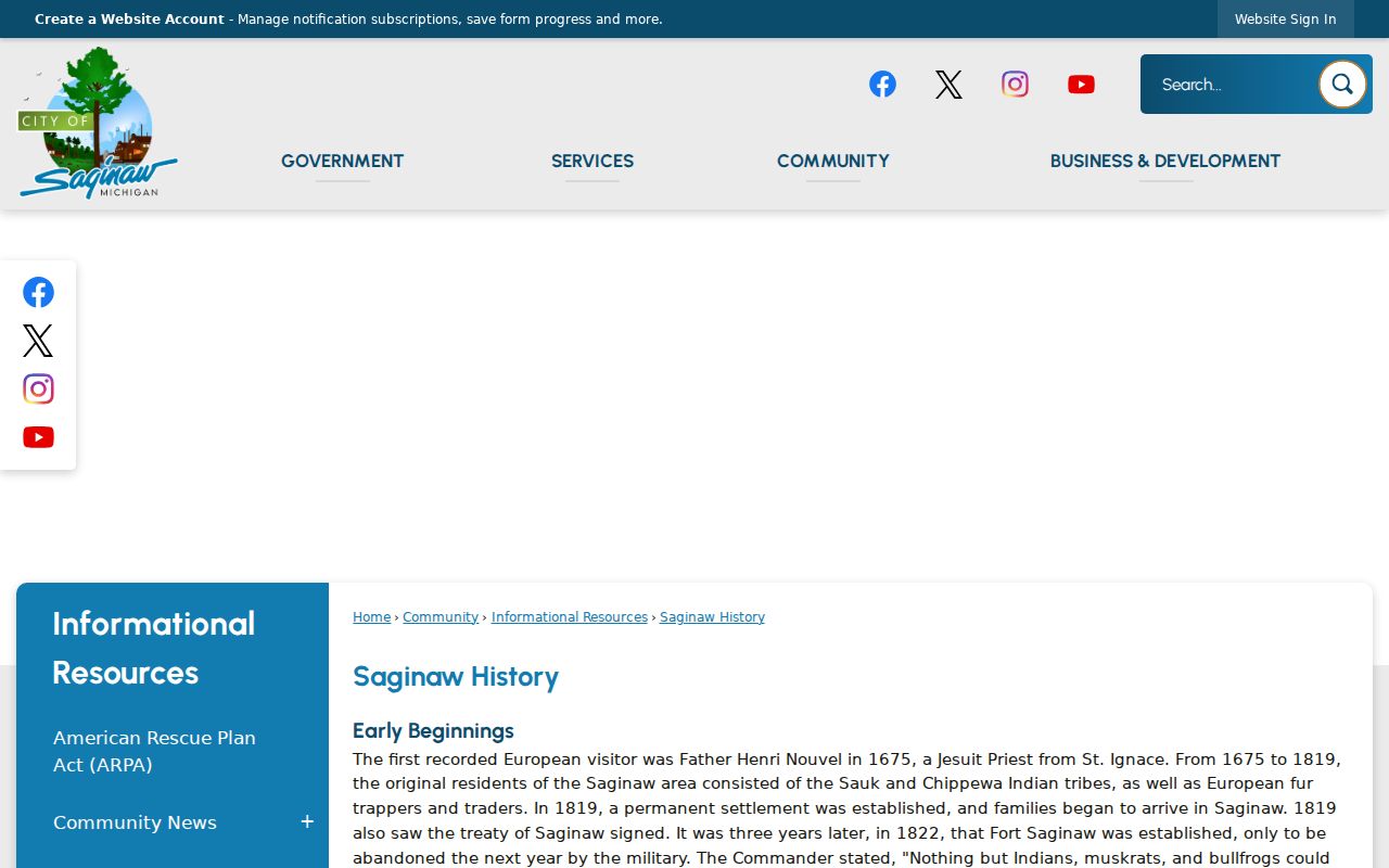 Saginaw previous residents official city history chronology