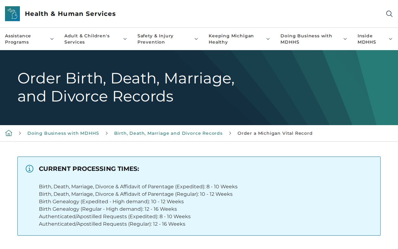 Saginaw resident lookup Michigan vital records ordering page